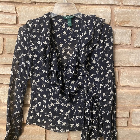 Vintage Ralph Lauren 100% Silk designer blouse black floral Silk Top Size PS - Picture 9 of 11